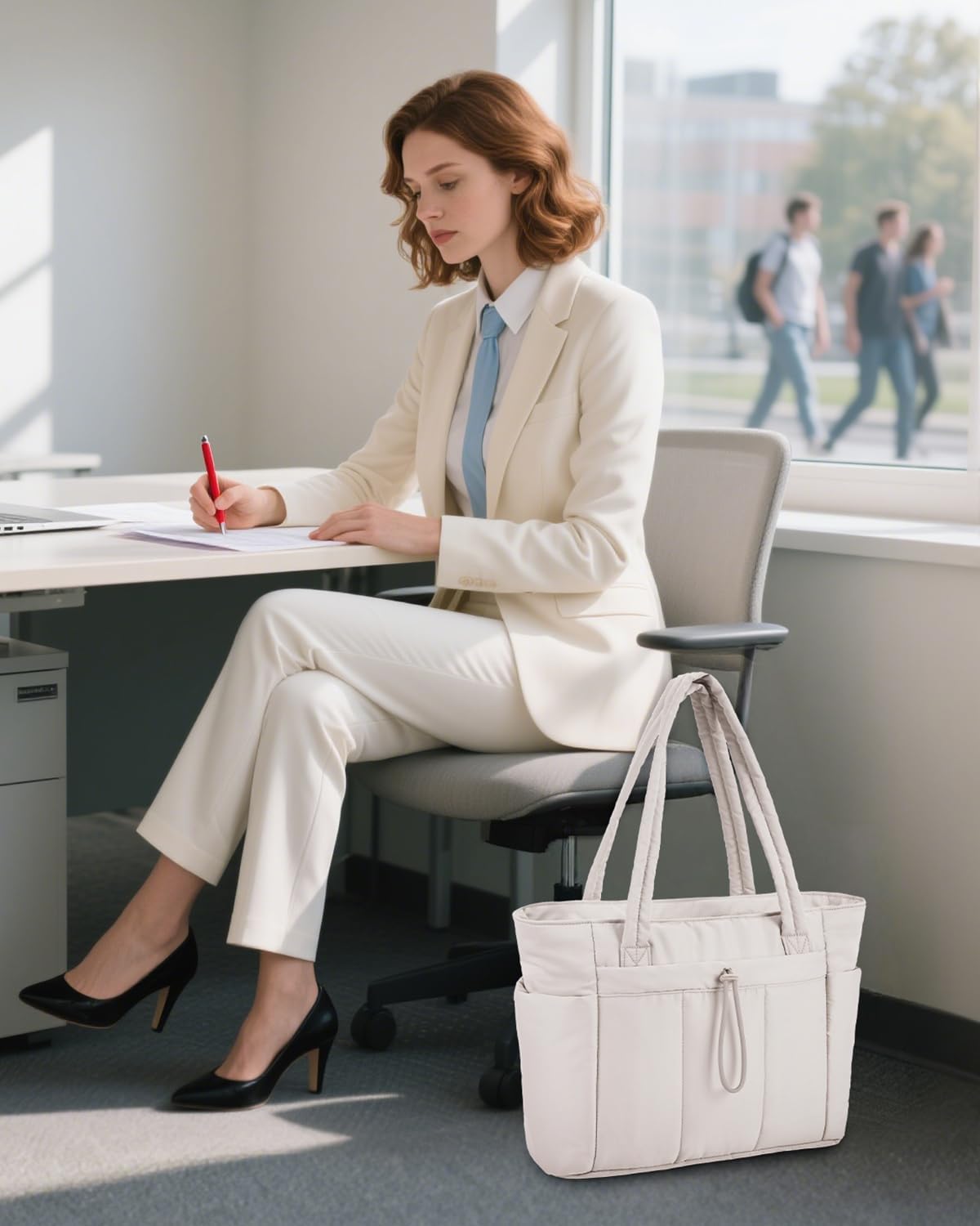 Quilted Puffer Tote Bag with Laptop Sleeve and Cup Holder