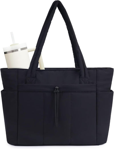 Quilted Puffer Tote Bag with Laptop Sleeve and Cup Holder