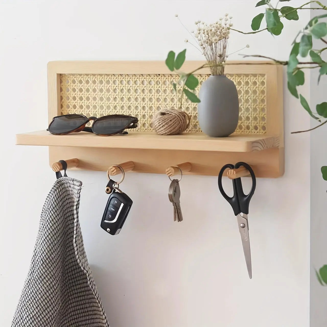 Rustic Wooden Wall Shelf with 4 Hooks