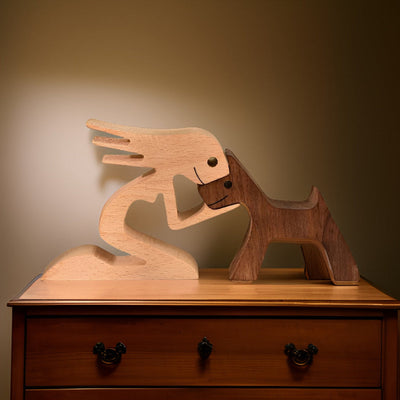 Handcrafted Wood Dog and Human Figurine
